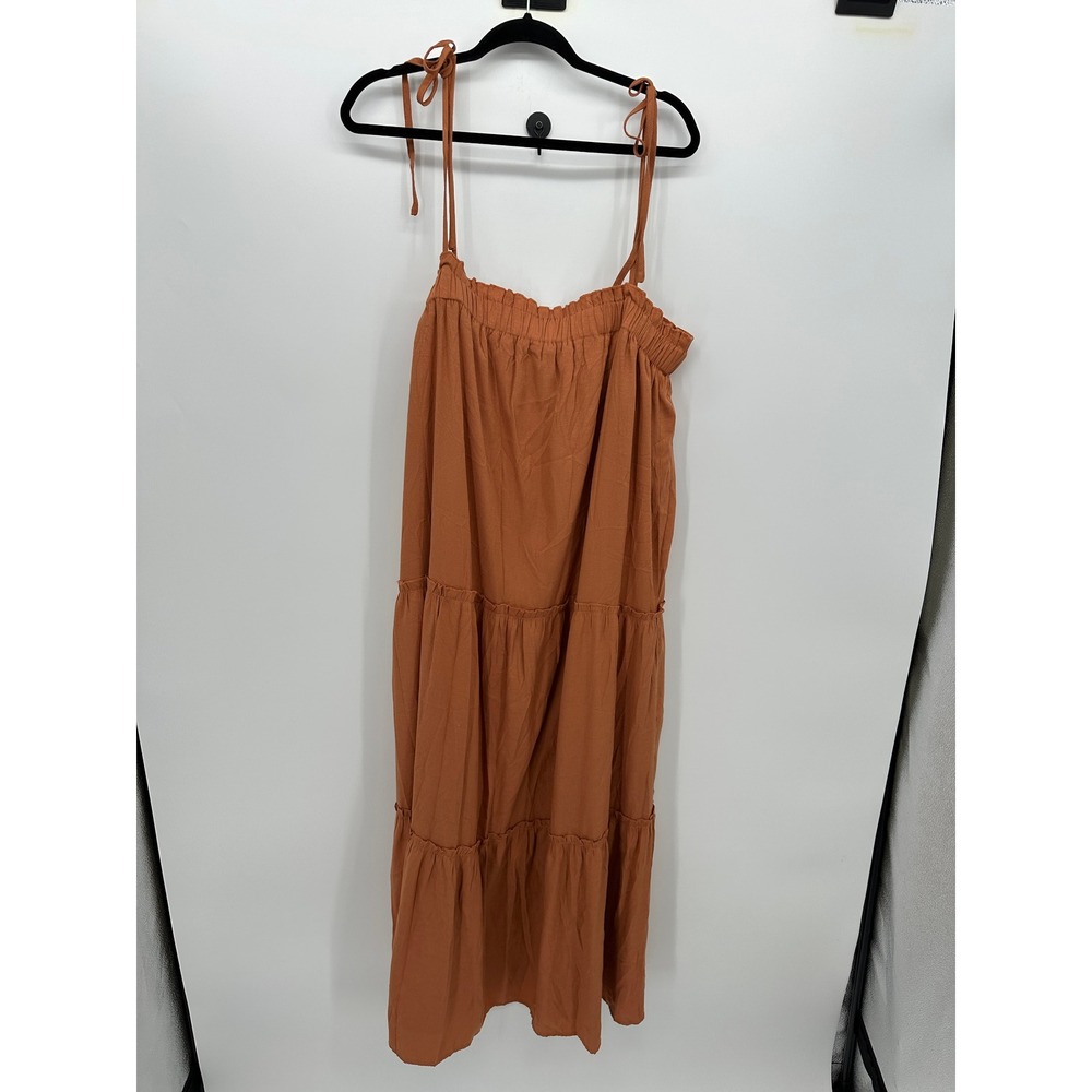 Boho Rust Orange Tiered Maxi Dress Sz XXL Tie Shoulder Smocked Fall